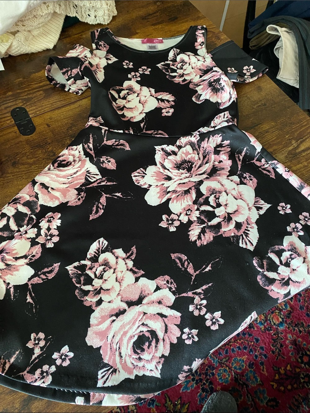 Aqua Black Dress with Pink Floral Print - Kids Casual